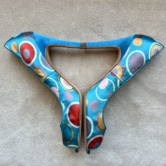 Martinez Valero Turquoise Teal Fabric Peep Toe Pump Multi-Color Dots Women’s 8.5 - Picture 5 of 16